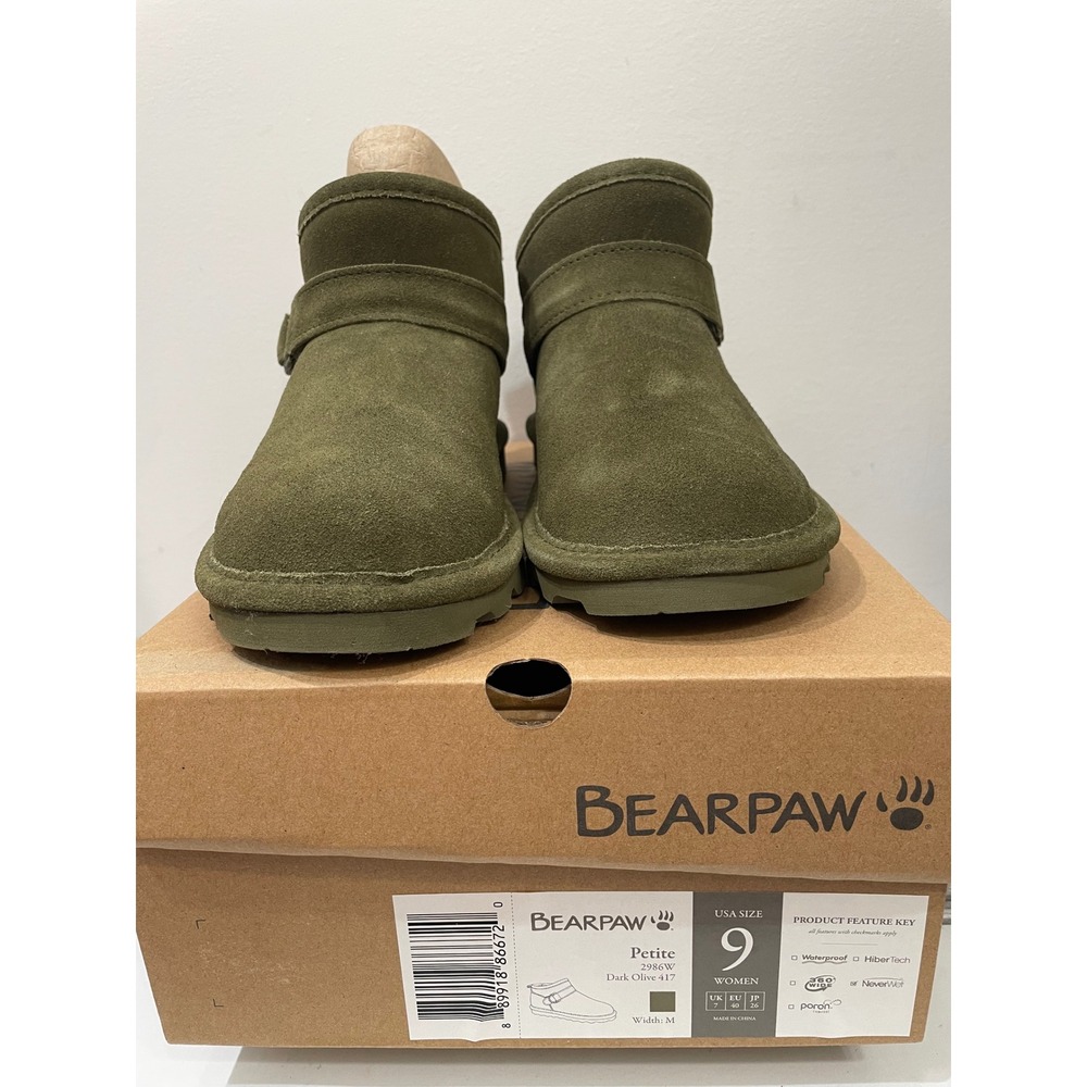 Bearpaw Petite Women Dark Olive Suede Ankle Boots 2986W NeverWet Size 9